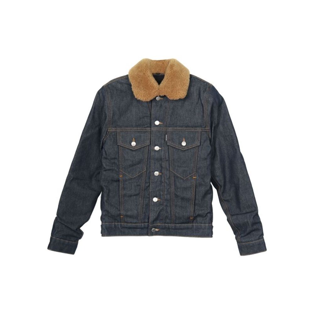 Sandro Paris Shearling Trucker Jacket in Blue Cotton Denim
